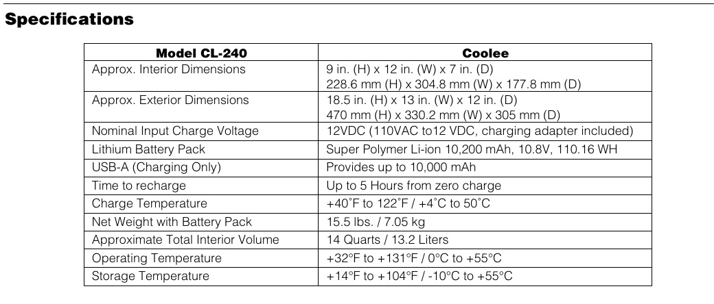 COOLER SPECS